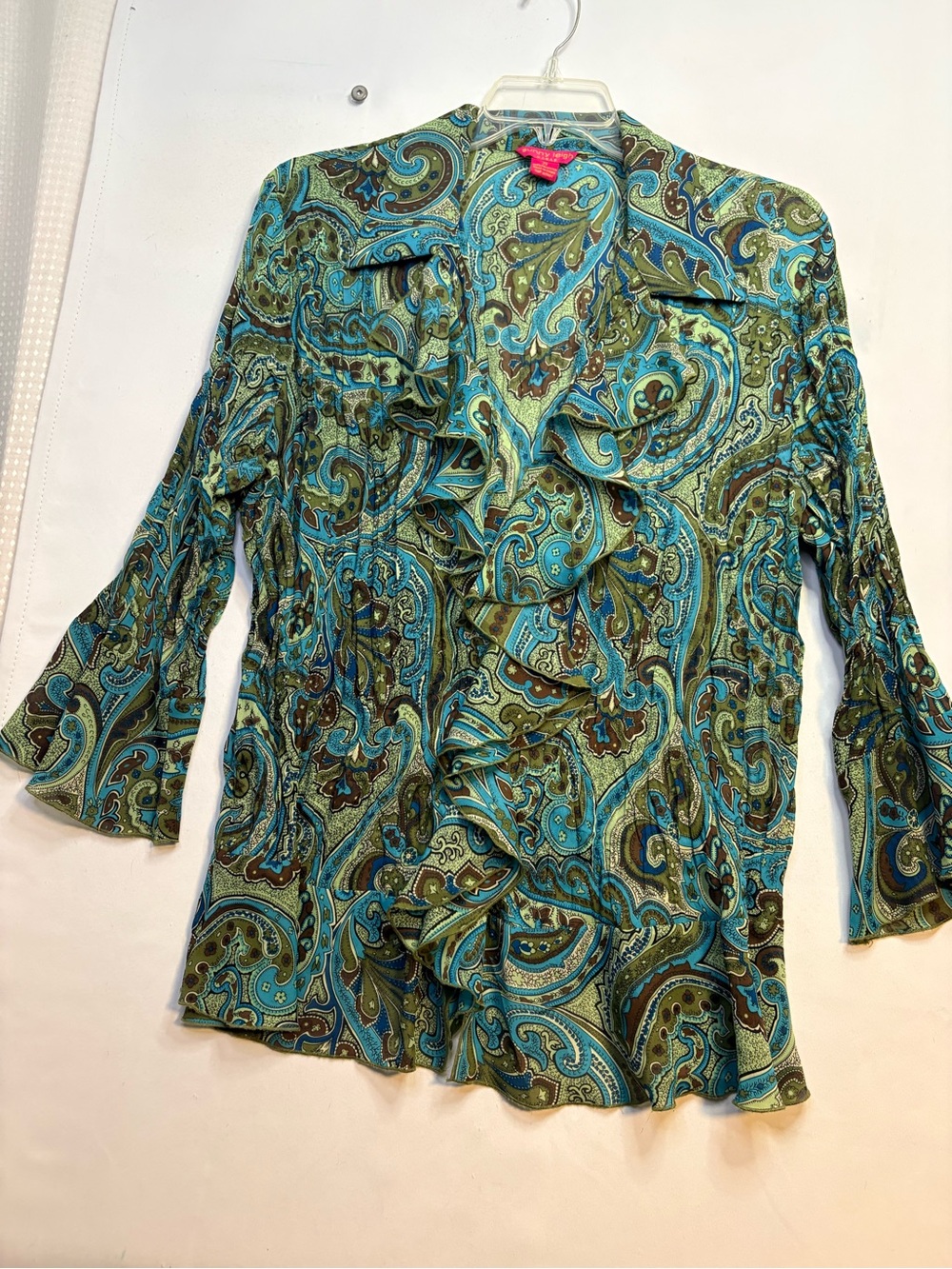 Paisley Ruffle Front Women's Top - Turquoise/Olive by Sunny Leigh size 2X